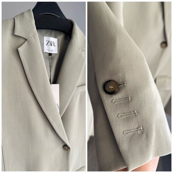 ZARA MENSWEAR STYLE DOUBLE BREASTED BLAZER OVERSIZED LIGHT KHAKI GREEN S M - Picture 4 of 4